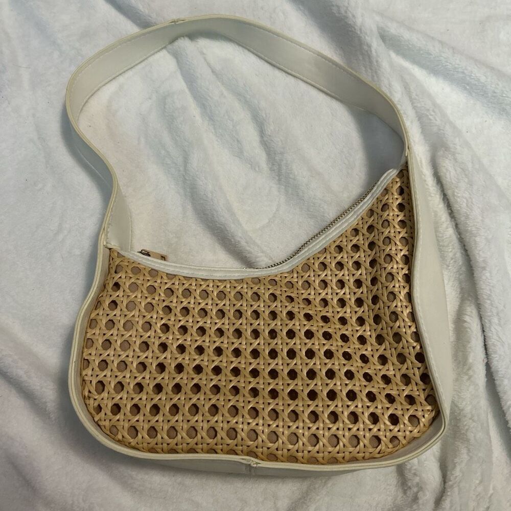 A New Day‎ Vintage-Inspired Woven Rattan Shoulder Bag with White Trim. NEW
